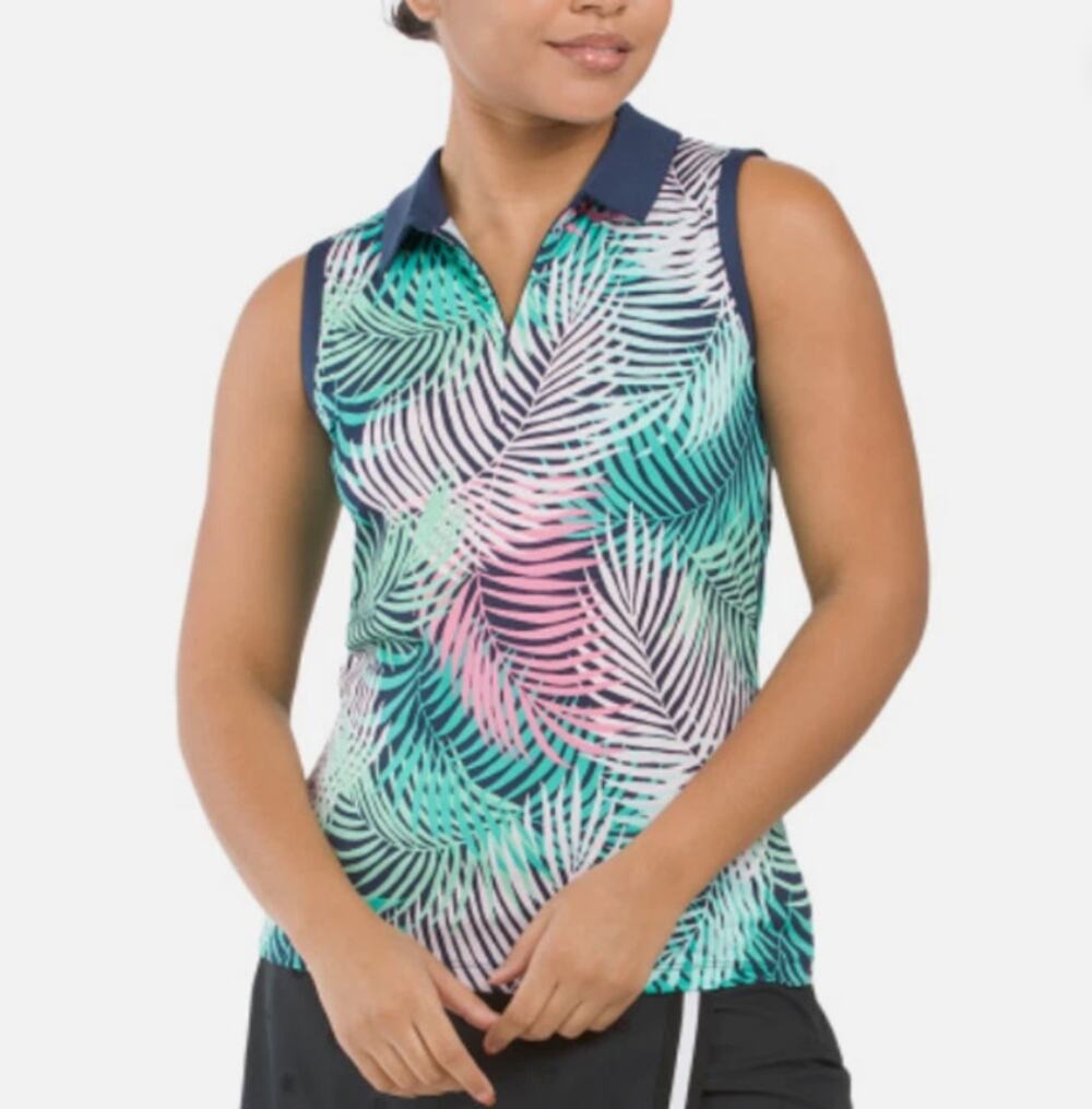 Tommy Bahama Golf Polo Women's Medium Sleeveless 1/4 Zip Palm Leaf Teal Pink UPF